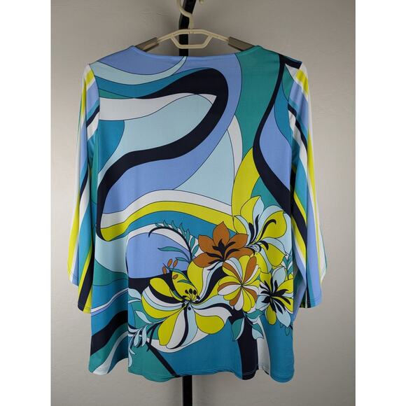 Susan Graver 3/4 length tie sleeve liquid knit shirt blue green geometric - Picture 2 of 6